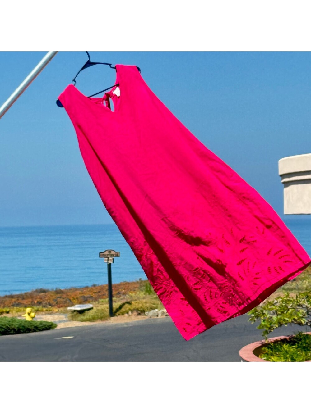Chico's pink sleeveless dress 100% Linen 100% Polyester Cutout Embroidery 12